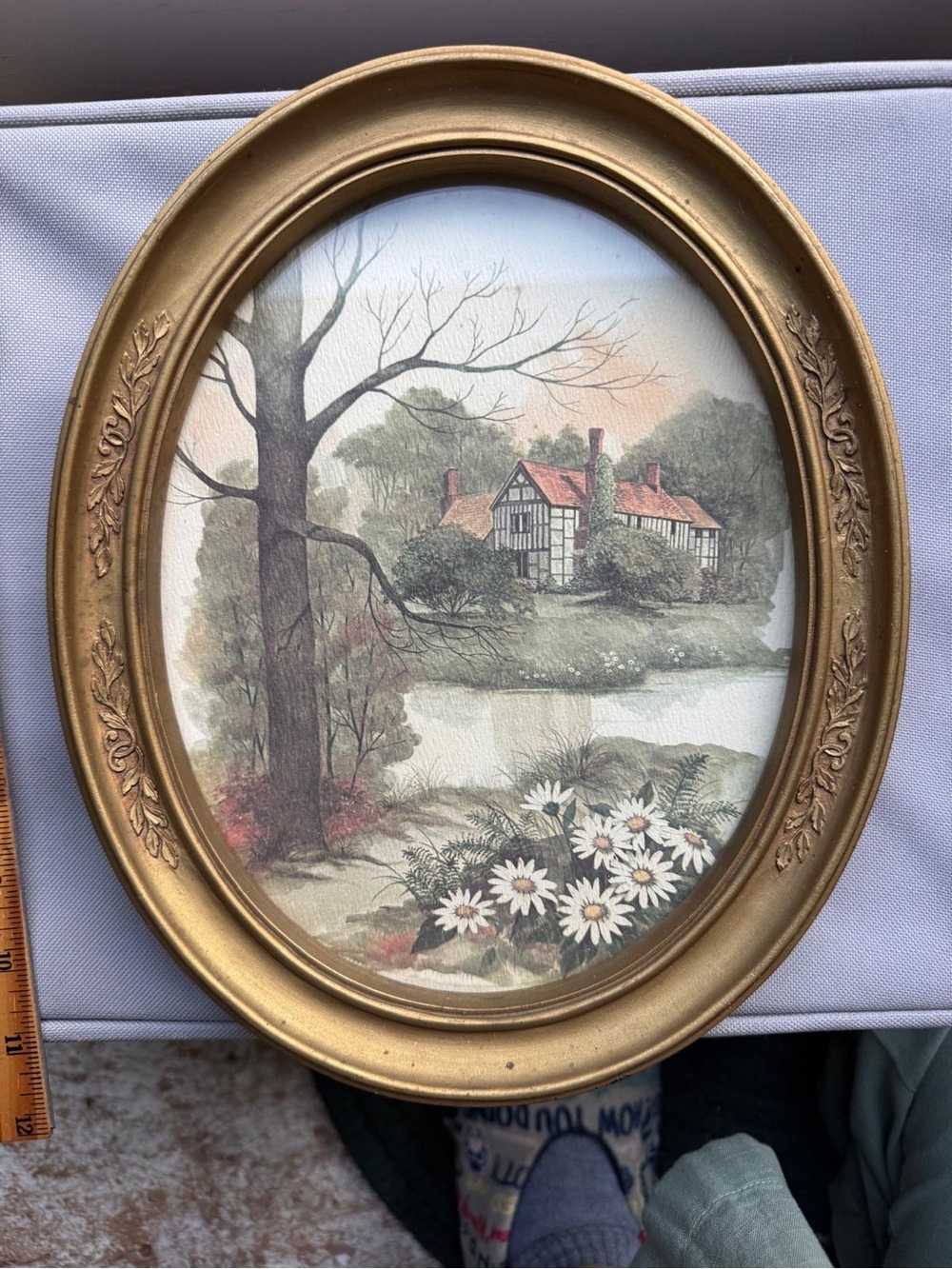 Gold Oval Framed Cottage Landscape Wall Art